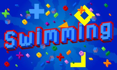 Yüzme. Geometrik arkaplanlı pikselli kelime. Vektör çizgi film illüstrasyonu.