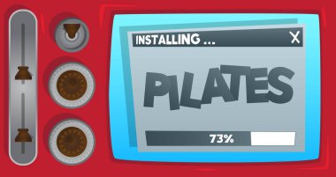 Pilates sözcüğüyle çizgi film bilgisayarı. Kurulum penceresini gösteren bir ekranın iletisi.