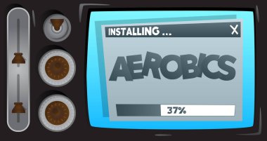 Aerobik sözcüğüyle çizgi film bilgisayarı. Kurulum penceresini gösteren bir ekranın iletisi.
