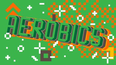 Aerobik geometrik arkaplanlı pikselli kelime. Vektör çizgi film illüstrasyonu.