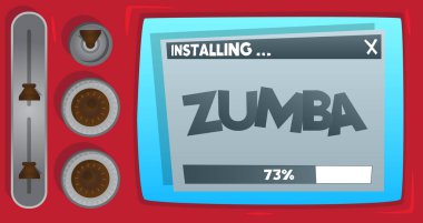 Zumba sözcüğüyle çizgi film bilgisayarı. Kurulum penceresini gösteren bir ekranın iletisi.