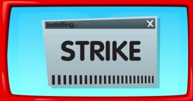 Vuruş sözcüğüyle çizgi film bilgisayarı. Bir ekran kurulum penceresini gösteren video iletisi.