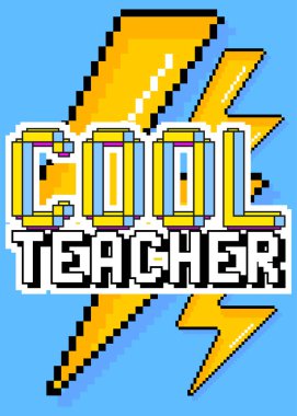 Havalı öğretmen. Geometrik arkaplanlı pikselli kelime. Vektör çizgi film illüstrasyonu.