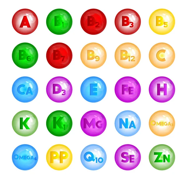 Multivitamin, Vitamin ve Mineral Vektör ikonu koleksiyonu. A, B1, B2, B3, B5, B6, B7, B9, B12, C, Ca, D3, E, Fe, H, K, K1, Mg, Na, Omega3, Omega6, PP, Q10, Se, Zn simgeleri kümesi.