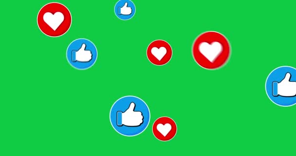 アイコンの動きの背景のような多くの感情アイコン 緑の背景にハートと親指のボタン クロマキー — ストック動画
