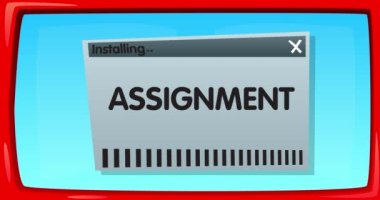 Kurulum penceresinde atama sözcüğüyle soyut çizgi film ekranı.