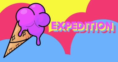 Dondurma ve Expedition metni. Renkli animasyon yaz tatlı yemek çizgi filmi. 4k çözünürlük canlandırması, hareket eden resim.
