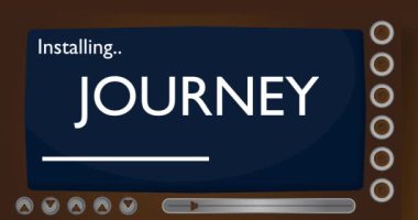 Cartoon Computer With the word Journey. Video message of a screen displaying an installation window.