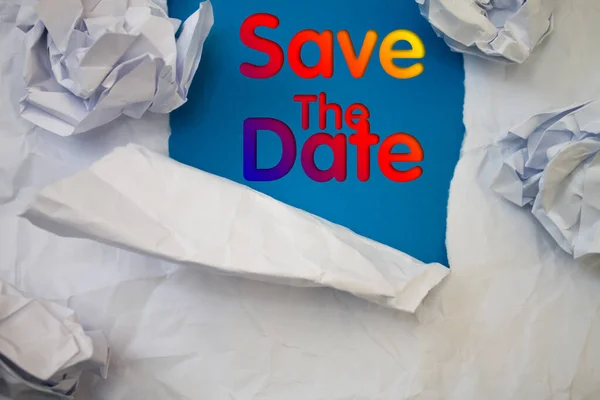 Date Text Torn Crumpled White Paper Colored Background — ストック写真