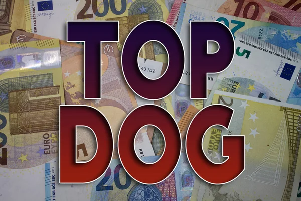 Top Dog word with money. Paper currency background with different banknotes.