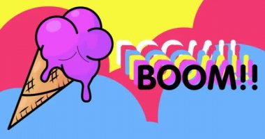 Ice Cream with Boom text. Colorful animated dancing summer sweet food cartoon. 4k resolution animation, moving image.
