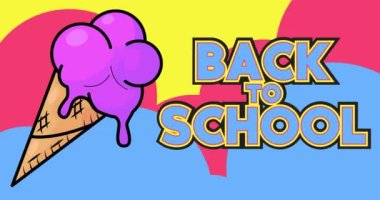 Dondurma ve Okula Dönüş mesajı. Renkli animasyon dans eden yaz tatlı yemek çizgi filmi. 4k çözünürlük canlandırması, hareket eden resim.