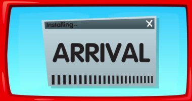 Geliş kelimesi ile çizgi film bilgisayarı. Bir ekran kurulum penceresini gösteren video iletisi.