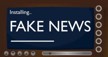 Cartoon Computer With the words Fake News. Video message of a screen displaying an installation window.