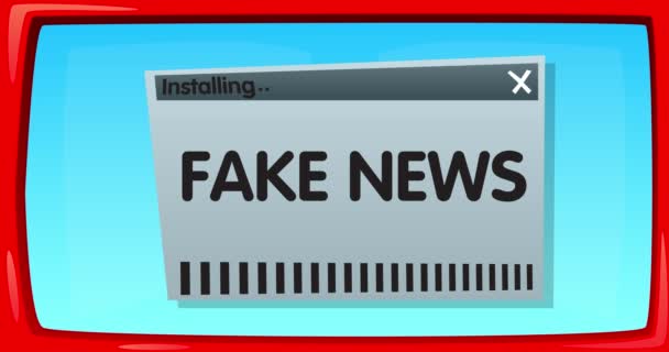 Cartoon Computer Slovy Fake News Video Zpráva Obrazovky Zobrazující Instalační — Stock video