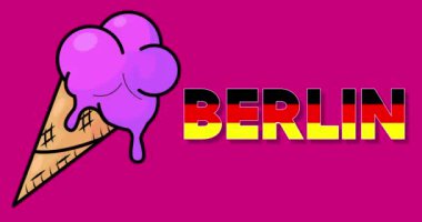 Ice Cream with Berlin text. Colorful animated dancing summer sweet food cartoon. 4k resolution animation, moving image.