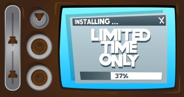 Sadece sınırlı zamanı olan çizgi film bilgisayarı. Kurulum penceresini gösteren bir ekranın iletisi.