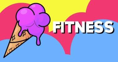 Ice Cream with Fitness text. Colorful animated dancing summer sweet food cartoon. 4k resolution animation, moving image.