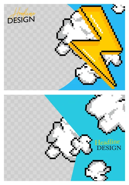 Blue Yellow Poster Collection Design Pixel Clouds Flash Lightning Banner — ストックベクタ
