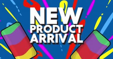 Ice Cream with New Product Arrival text. Two colorful animated summer sweet food cartoon. 4k resolution animation, moving image.