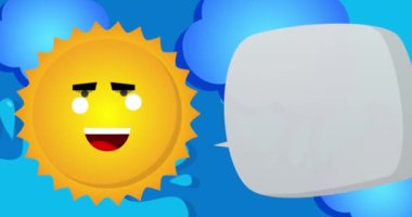 Summer sun saying New Product Arrival word with speech bubble on blue sky. Simple animation of a bright orange sunlight.
