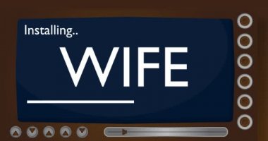 Cartoon Computer With the word Wife. Video message of a screen displaying an installation window.