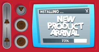 Cartoon Computer With the word New Product Arrival. Message of a screen displaying an installation window.
