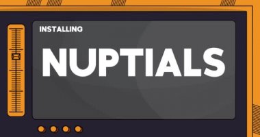 Cartoon Computer With the word Nuptials. Video message of a screen displaying an installation window.