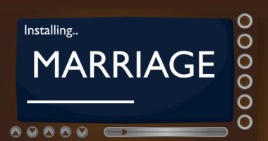 Cartoon Computer With the word Marriage. Video message of a screen displaying an installation window.