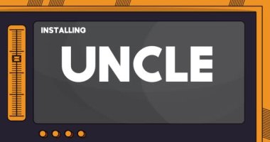 Cartoon Computer With the word Uncle. Video message of a screen displaying an installation window.