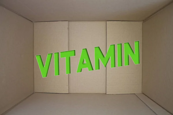 Vitamin Word Cardboard Box Brown Folded Cardbox — Fotografia de Stock
