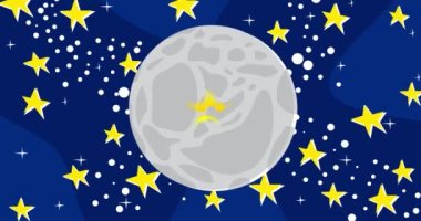 Thank You Text on the Moon with the night sky and stars. Cartoon animation video.