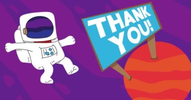 Astronaut adrift near a Red Planet with Thank You Billboard. Abstract cartoon animation. 4k HD Format resolution video.