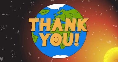 Planet Earth with Thank You text. Line Art Animation. Cartoon animated space, cosmos on the background.