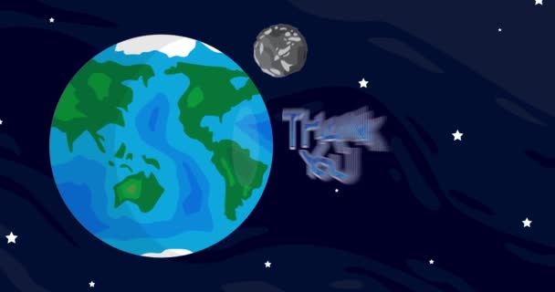 Перемещение Планеты Земля Луна Благодарственным Текстом Мультфильм Анимированное Пространство Космос — стоковое видео