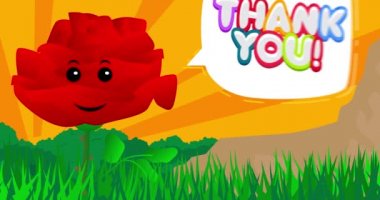 Red Flower saying Thank You with speech bubble. Wildflower cartoon animation.