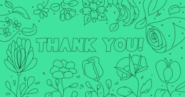 Flower line art background with Thank You text. Wildflower cartoon border, frame animation.