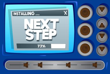 Cartoon Computer With the word Next Step. Message of a screen displaying an installation window.