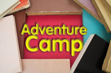 Adventure Camp word in opened book with vintage, natural patterns old antique paper design.