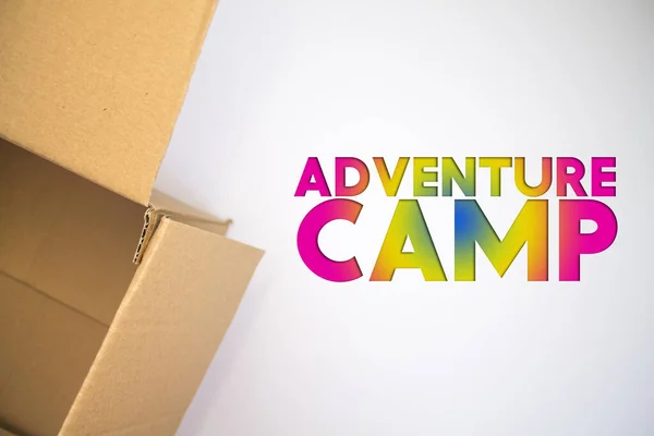 Adventure Camp Word Cardboard Box Brown Folded Cardbox — Stock Photo, Image