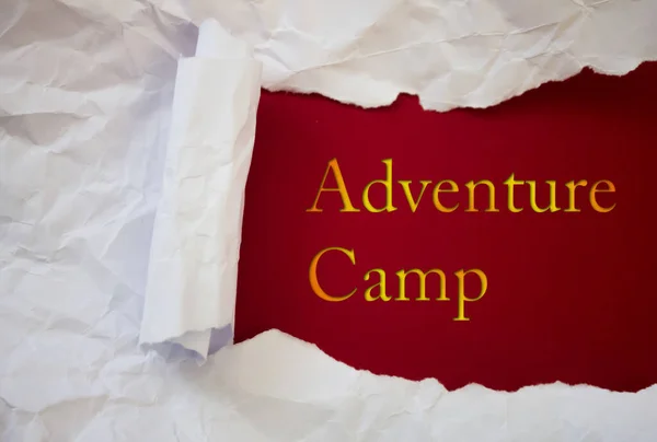 Adventure Camp Text Torn Crumpled White Paper Colored Background —  Fotos de Stock