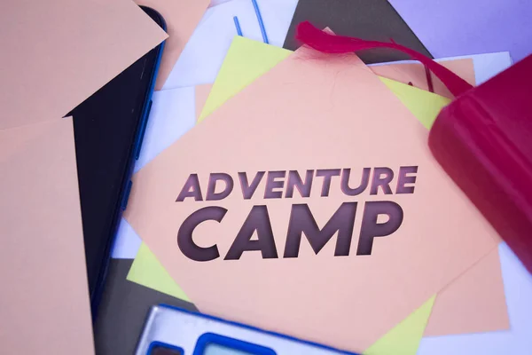 Adventure Camp Text Adhesive Note Paper Event Celebration Reminder Message — Fotografia de Stock