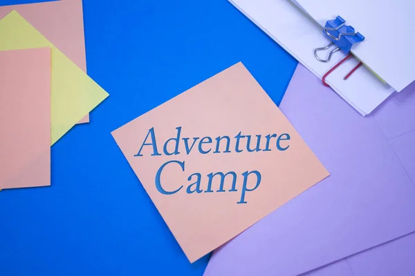 Adventure Camp Text Adhesive Note Paper Event Celebration Reminder Message — Fotografia de Stock