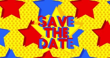 Animated Red Blue Yellow Stars with Save The Date Text. Cartoon animation video.