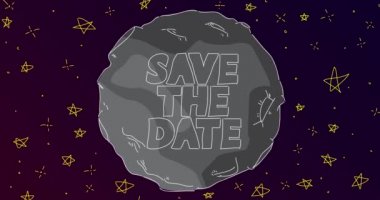 Line Art cartoon moon with Save The Date text. Abstract night sky with a Grey Planet and stars. Cartoon animation video.