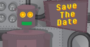 Robot Saying Save The Date with Speech Bubble. Cartoon Animated video. Future Robotics Animation.