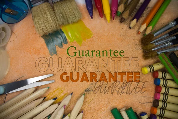 Overhead Shot School Supplies Guarantee Text Brushes Pencils Artistic Tools — 스톡 사진