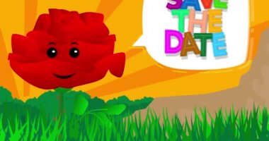 Red Flower saying Save The Date with speech bubble. Wildflower cartoon animation.