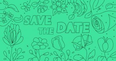 Flower line art background with Save The Date text. Wildflower cartoon border, frame animation.