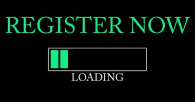 Register Now text with Loading, Downloading, Uploading Bar Indicator. Download, Upload on computer screen.